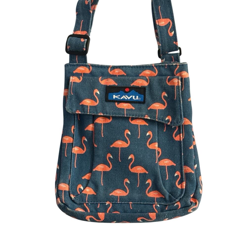 KAVU Keeper Flamingo Print Crossbody Bag Adjustable Strap Blue Pink Canvas Purse - Picture 2 of 9
